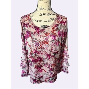 Liz Claiborne Career Floral Tiered Ruffle Bell Sleeve Blouse Top L